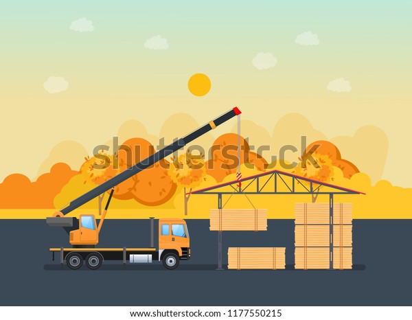 Cargo working machine, car with crane,\
unloads the wooden logs into warehouse with canopy. Autumn road,\
transportation of lumber on machine for further processing at\
factory. Vector\
illustration.