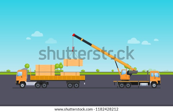 Cargo working machine, car with crane,\
unloads the wooden logs into warehouse with canopy. Summer road,\
transportation of lumber on machine for further processing at\
factory. Vector\
illustration.
