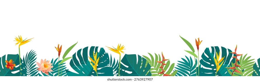 Caribbean background seamless border. Vector tropical beach jungle leaves bg. Brazilian rainforest green plant backdrop. Hawaiian tree foliage. Floral paradise pattern. Exotic island palm banner frame