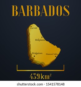 Caribbean Barbados golden 3d solid country outline silhouette, realistic piece of world map template, for infographic, vector illustration, isolated object, background. From countries set