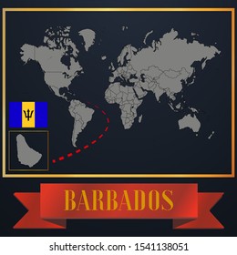 Caribbean Barbados national flag, realistic globe world map blank template, solid country outline silhouette, atlas for infographic, vector illustration set, isolated object, background
