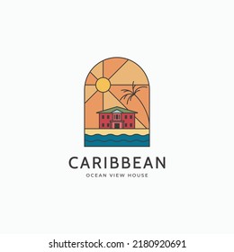 Caribbean Beach House Ocean Front Villa Logo Icon Sign Symbol Vector Illustration