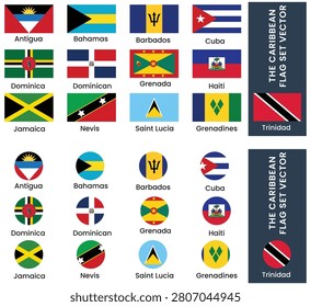 Caribbean Countries National Flags Collection Vector Set with Rectangle and Circle Flag Icons.