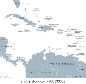 The Caribbean countries political map with national borders. The Caribbean Sea with Greater, Lesser and Leeward Antilles, with West Indies and parts of Central and South America. English labeling.