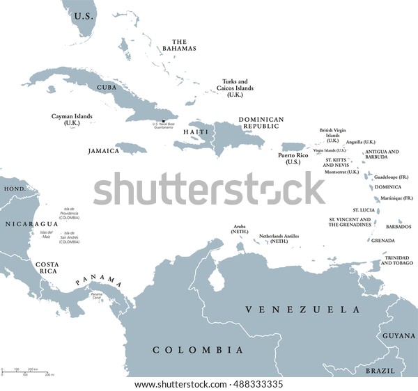国境を持つカリブ海の国々の政治地図 大 小 風下のアンティル諸島を持つカリブ海 西インド諸島 中南米の一部 英語の表示 のベクター画像素材 ロイヤリティフリー