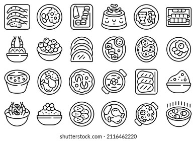 Caribbean cuisine icons set outline vector. Bbq chicken. America patacon