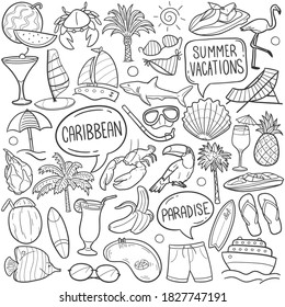 Caribbean doodle icon set. Vacations Vector illustration collection. Beach Hand drawn Line art style.