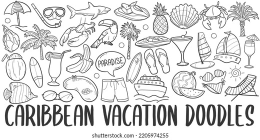 Caribbean Doodle Icons. Hand Made Line Art. Summer Vacations Clipart Logotype Symbol Design.