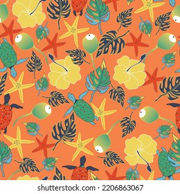 Caribbean folk art with coconut, flowers, turtles and starfish on orange background.