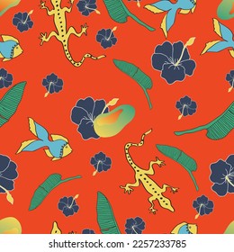 Caribbean folk art with flowers, palm leaves and fish on red background.