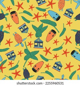 Caribbean folk art with turtles, house, and drums on yellow background.
