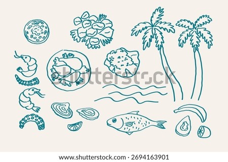 Caribbean food boho sketch. Vector Line art illustration with rice, beans, seafood, fried corn, Griot, Jerk chicken, Fried fish, grill, black banana. Exotica cuisine. Design elements for menu, label