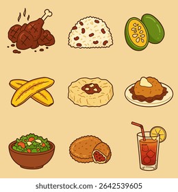 Caribbean food Cuisine icon set.