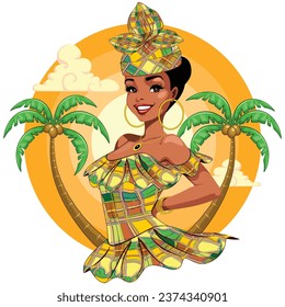 Caribbean girl with Traditional Dress and a Beautiful Smile, surrounded by Exotic Palm Trees Vector Illustration isolated on white
