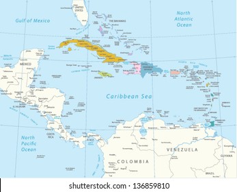 Caribbean -highly detailed map.All elements are separated in editable layers clearly labeled. Vector
