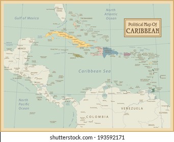 Caribbean -highly detailed map.All elements are separated in editable layers clearly labeled. Vector 