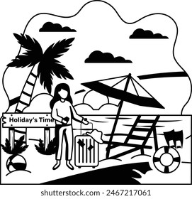 Caribbean Holidays vector design, Nature and landscape postcard, Scenic Summer Season Vibes Sign, Idyllic Remote illustration, Female Solo Traveler with his luggage at Sandy Beach concept