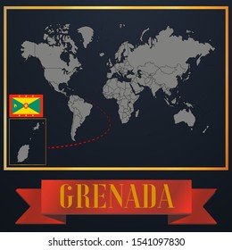 Caribbean Island Grenada national flag, realistic globe world map blank template, solid country outline silhouette, atlas for infographic, vector illustration set, isolated object, background