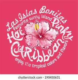 Caribbean island with hibiscus - Vector vintage print for girl t-shirt in custom colors - grunge effect in separate layer