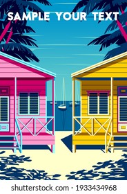 Caribbean Island Landscape With Traditional Boats, Palm Trees, Houses And The Sea In The Background. Handmade Drawing Vector Illustration. Retro Style Poster.