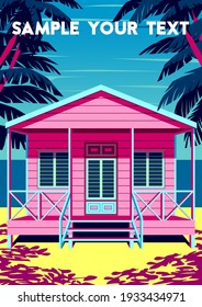 Caribbean Island landscape with traditional boats, palm trees, houses and the sea in the background. Handmade drawing vector illustration. Retro style poster.