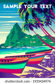 Caribbean Island landscape with traditional boats, palm trees, houses and the sea in the background. Handmade drawing vector illustration. Retro style poster.