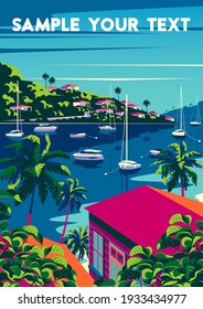 Caribbean Island landscape and traditional boats  palm trees  houses   the sea in the background  Handmade drawing vector illustration  Retro style poster 