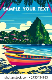 Caribbean Island landscape and traditional boats  palm trees  houses   the sea in the background  Handmade drawing vector illustration  Retro style poster 