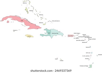 Caribbean Island map with 25 countries and territories