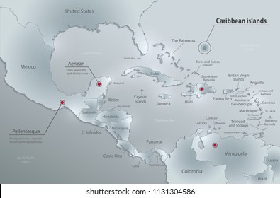 Caribbean islands Central America map, state names, separate states, glass card paper 3D vector