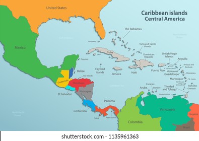 Caribbean islands Central America map, state names, separate states, colorful vector