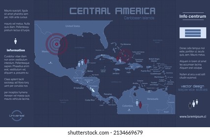 Caribbean islands and Central America map, individual states and islands and city whit names, infographics blue flat design vector