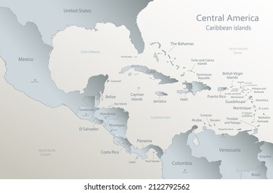 Caribbean islands and map of Central America, states and islands and capitals with names, white blue 3D paper vector