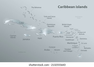 Mapa de islas del Caribe, islas y nombres individuales, vectores 3D de tarjeta de vidrio de diseño