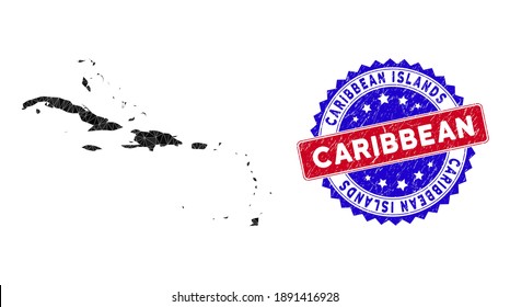 Caribbean Islands map polygonal mesh with filled triangles, and distress bicolor stamp seal. Triangle mosaic Caribbean Islands map with mesh vector model, triangles have randomized sizes,