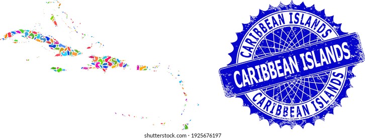 Caribbean Islands map vector image. Splash pattern and unclean stamp seal for Caribbean Islands map. Sharp rosette blue stamp seal with caption for Caribbean Islands map.