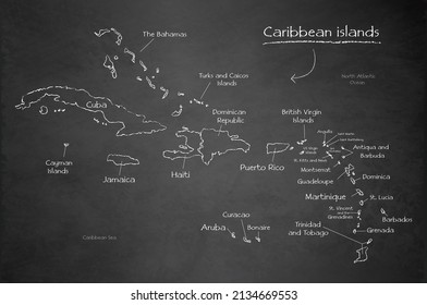 Caribbean islands with names, design card blackboard chalkboard vector