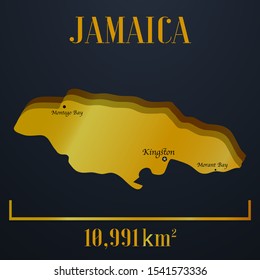 Caribbean Jamaica golden 3d solid country outline silhouette, realistic piece of world map template, for infographic, vector illustration, isolated object, background. From countries set