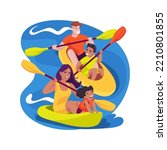 Caribbean kayaking isolated cartoon vector illustration. Kayaking sea tour, family sitting in two kayaks, parents and kids paddling, wearing swimming suits, seaside activity vector cartoon.