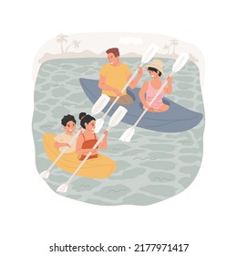 Caribbean kayaking isolated cartoon vector illustration. Kayaking sea tour, family sitting in two kayaks, parents and kids paddling, wearing swimming suits, seaside activity vector cartoon.