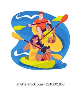 El kayak caribeño aislado dibujo vectorial de dibujos animados. Kayak tour por el mar, familia sentada en dos kayaks, padres y niños chapoteando, usando trajes de natación, actividad costera vectores de dibujos animados.