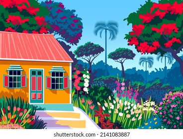 Caribbean landscape with bungalow, flowers, palms and trees in the background. Handmade drawing vector illustration.