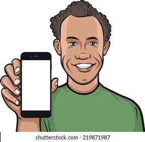 caribbean man showing a mobile app on a smart phone