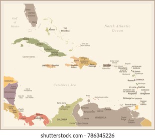 The Caribbean Map - Vintage Detailed Vector Illustration