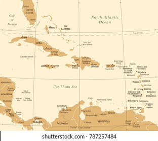 Caribbean Map Vintage Detailed Vector Illustration Stock Vector