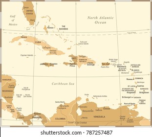 The Caribbean Map - Vintage Detailed Vector Illustration