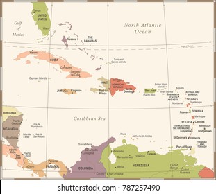 Caribbean Map Vintage Detailed Vector Illustration Stock Vector