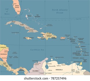 The Caribbean Map - Vintage Detailed Vector Illustration