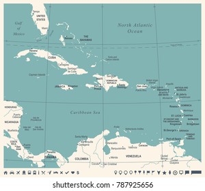 The Caribbean Map - Vintage Detailed Vector Illustration