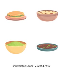 Caribbean menu icons set cartoon vector. Various caribbean cuisine dish. Food concept